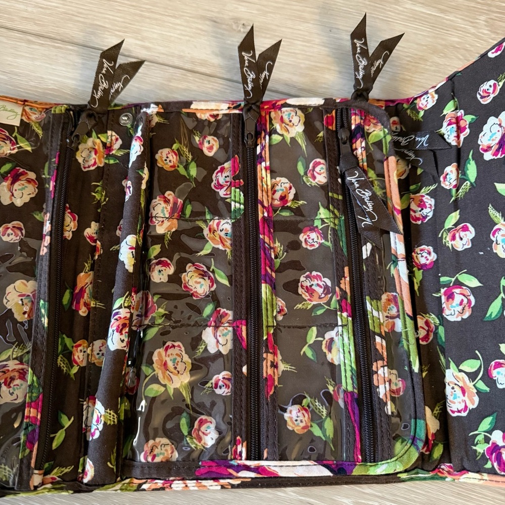 Vera Bradley Floral Quilted Clutch Makeup Bag Travel Organizer Brown Pink Rose - Picture 8 of 10